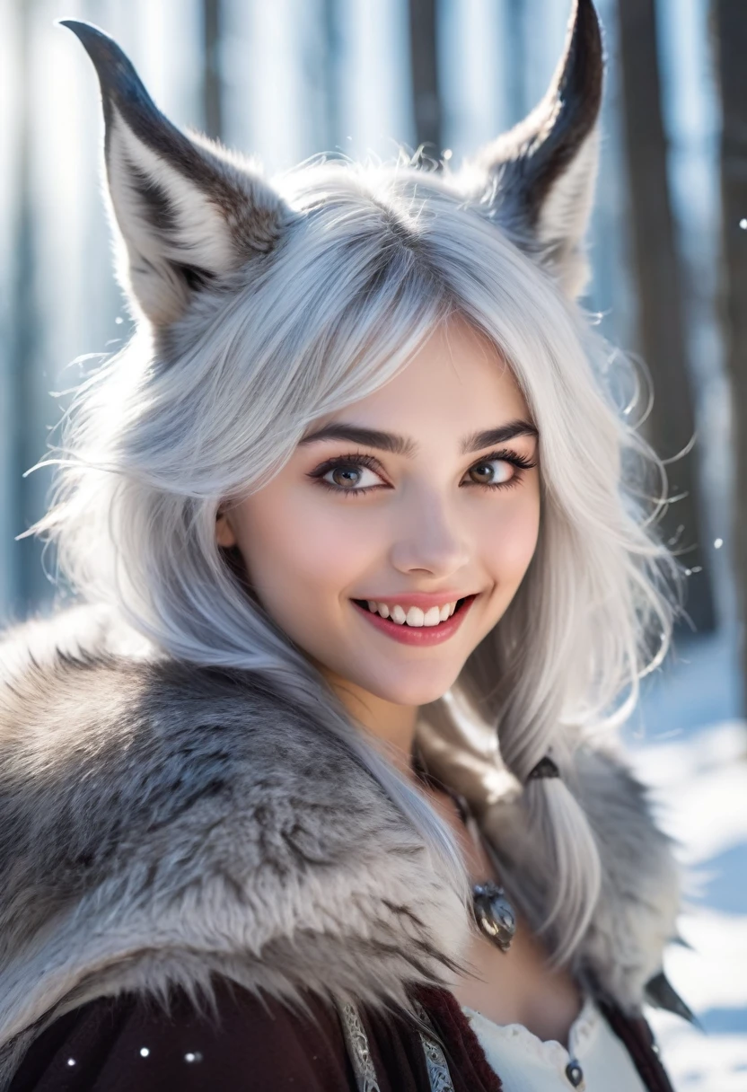 Beautiful 8K Ultra HD professional photos, Sharp focus, In a stunning fantasy world, A cute silver-haired girl，There are real demon horns and a mysterious 1 giant wolf, A joyful smile, In bright natural light