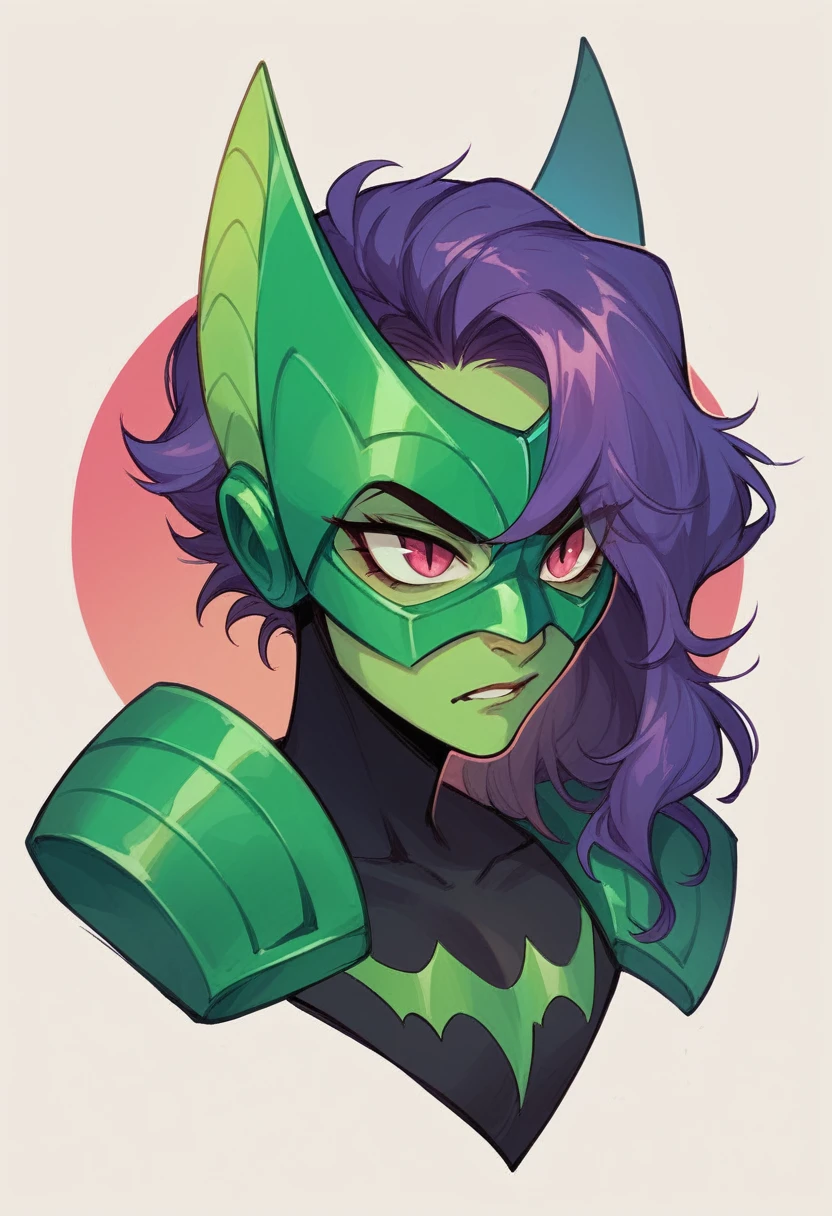 a Luchador themed supervillain with a dark purple and green luchador outfit with a bat like luchador mask covering his whole face and eyes with eye lenses named “ Camazotz”