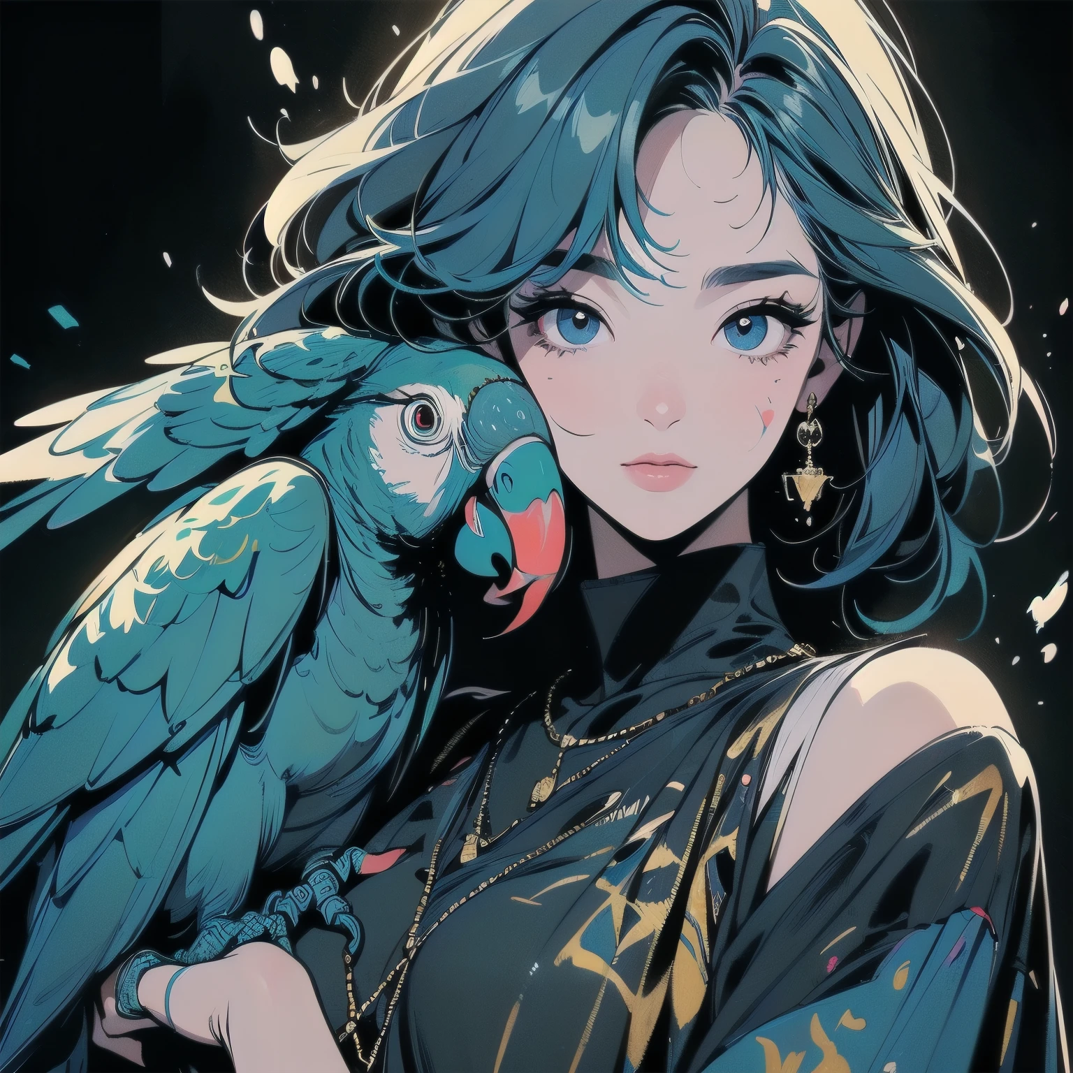 (((Beautiful bird with One Woman))), (((A very large parrot on your shoulder))), wonderful, Very detailedな face and eyes, Dripping Paint, (((Perfect bird))), Complex, wonderful, wonderful, Gold leaf trim, magic, Masterpiece Painting, Very detailedな, Fascinating, Fascinatingな, intense, Scattered Light, Built using the Golden Ratio, Awards, Perfect composition, Ultra HD, 8K, Realistic, Very detailed, One Woman, ((Place your index finger over your mouth))),(((Perfect Fingers)),(((Perfect hands)), Black background, (((Splattering colorful paint))),pale blue hair