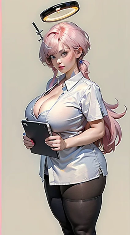 ((masterpiece, the best)),(((full柔软的乳房,)))(((Huge breasts))) (((Cleavage))) (Perfect curvy figure) (1 Girl), ((Trendy Girl)), Light pink hair, Halo, trumpet, ((Office female staff)), Bangs, Mid-chest, (full), Slim, Colorful hair color, Trendy clothing, Street culture