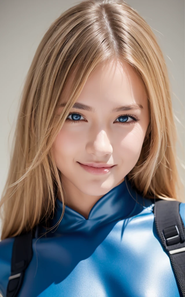 girl, smile, zero suit, blonde, blue eyes, Hyper Realistic
