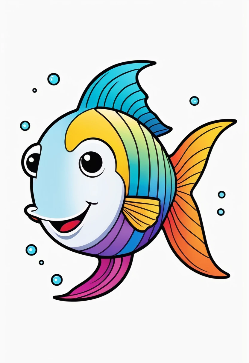 happy multicolored fish, kawaii style, outline, vector, white background