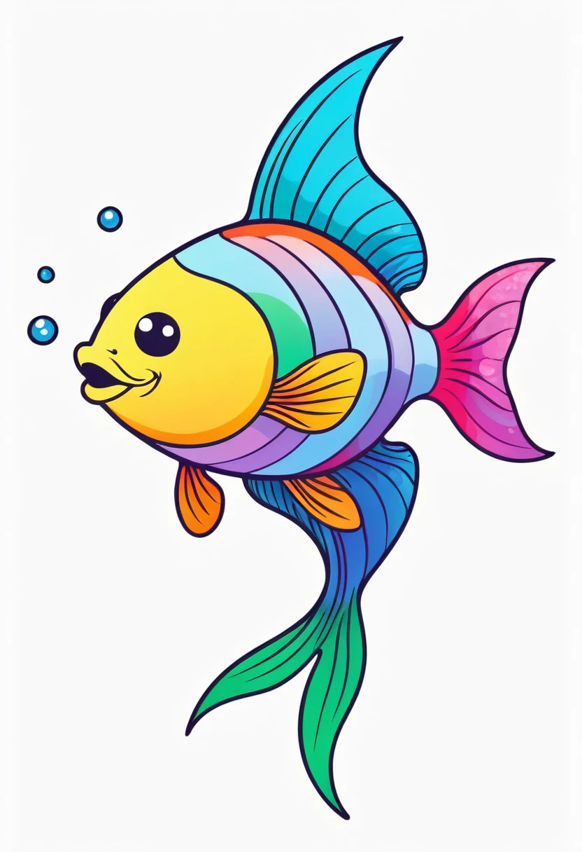 happy multicolored fish, kawaii style, outline, vector, white background