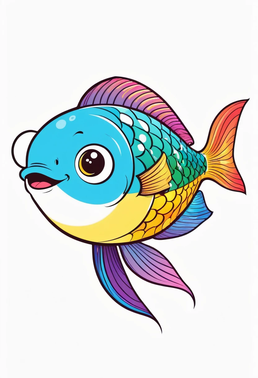 happy multicolored fish, kawaii style, outline, vector, white background