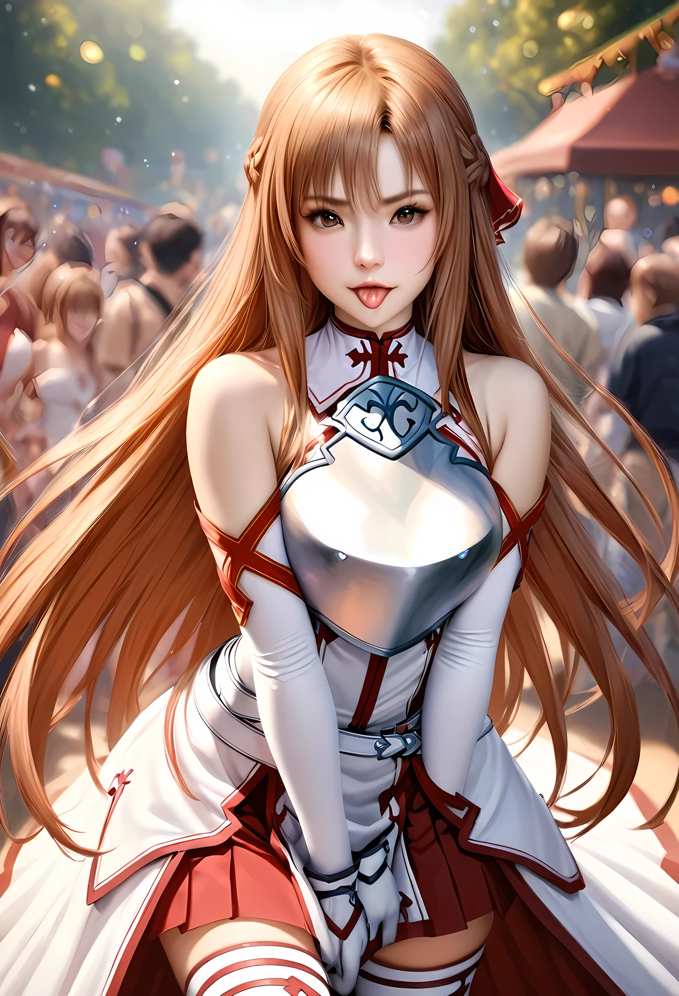 animetoreal,soft light, masterpiece, best quality, realistic,photorealistic,1girl,,asuna_(sao), sword_art_online, brown_eyes, brown_hair, long_hair, very_long_hair, braid, french_braid,armor, armored_dress, breastplate, white_armor, belt, white_belt, dress, white_dress, detached_sleeves, elbow_gloves, gloves, sleeveless, sleeveless_dress, miniskirt, pleated_skirt, red_skirt, skirt, thighhighs, white_thighhighs, zettai_ryouiki,,in an amusement_park,tongue out,blur background,background defocus