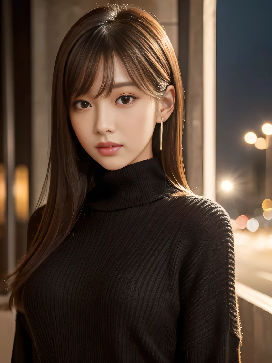 ​masterpiece, 1 beautiful girl, detailed eye, Puffy eyes, top-quality, high resolution, (Realisticity: 1.4), cinematlic lighting, Asian Beauty, Korea idol, Super beauty, Beautiful skin, slender, (A hyper-realistic), (hight resolution), (8K), (ighly detailed), (beautifully detailed eyes), (ultra-detailliert), (wall), detailed face, Bright lighting, profetional lighting, looking at viewert, Facing straight ahead, Black knitwear, oblique bangs, nighttime scene, Brown hair, age19, tall,