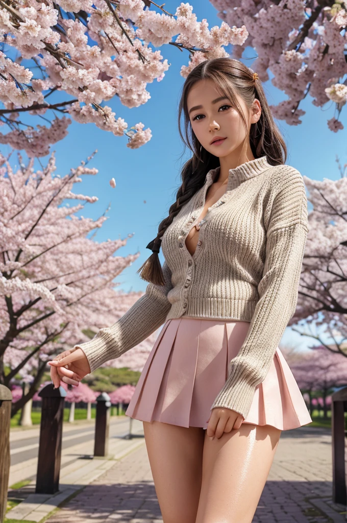Sexy sweater,short skirt,Eyes are very delicate,Beautiful girl with double braids,Under the cherry blossom tree,Sakura petals are flying all over the ground,round chest ,((best quality)), ((intricate details)), ((Surrealism))(8k)without skirt,wet,pussy clear view
