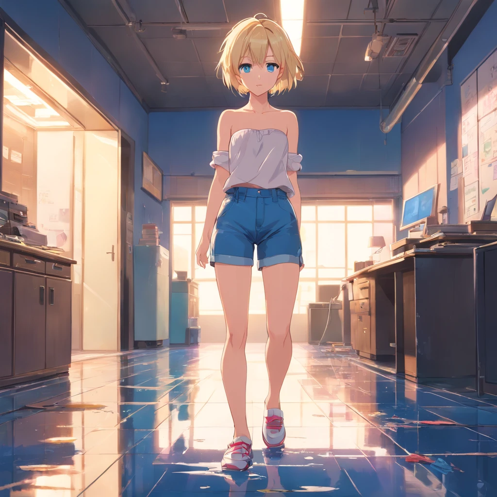 17 years old Women, ((Blonde)), ((Blue eyes)), ((Short hair)), ((Full shot)), very detailed makeup, pale pink lipstick, long earrings, standing on designer runaway, wearing a strapless top, small and sexy shorts pants, high heells black, camera flashes shooting over her ((wet Floor)) ((Full Body))