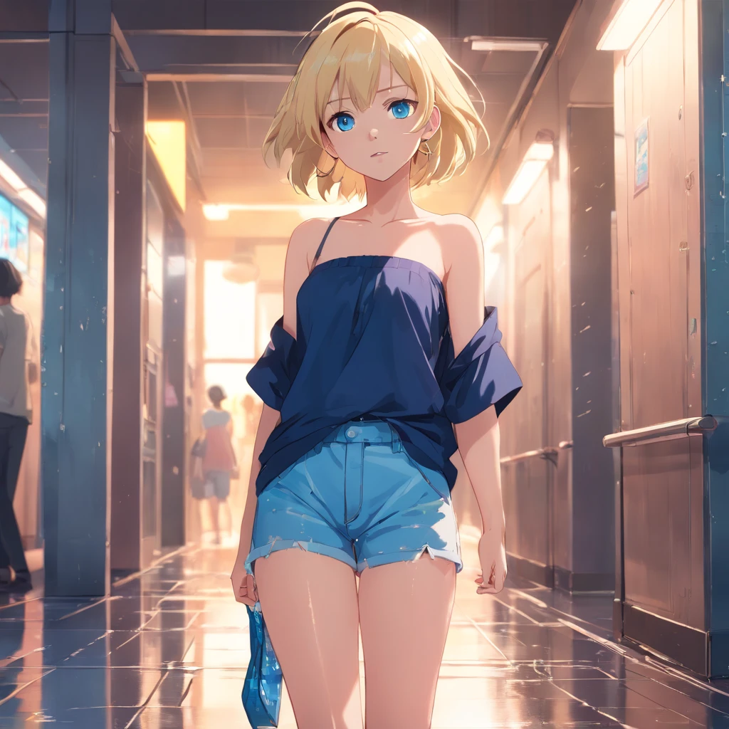 17 years old Women, ((Blonde)), ((Blue eyes)), ((Short hair)), ((Full shot)), very detailed makeup, pale pink lipstick, long earrings, standing on designer runaway, wearing a strapless top, small and sexy shorts pants, high heells black, camera flashes shooting over her ((wet Floor)) ((Full Body))