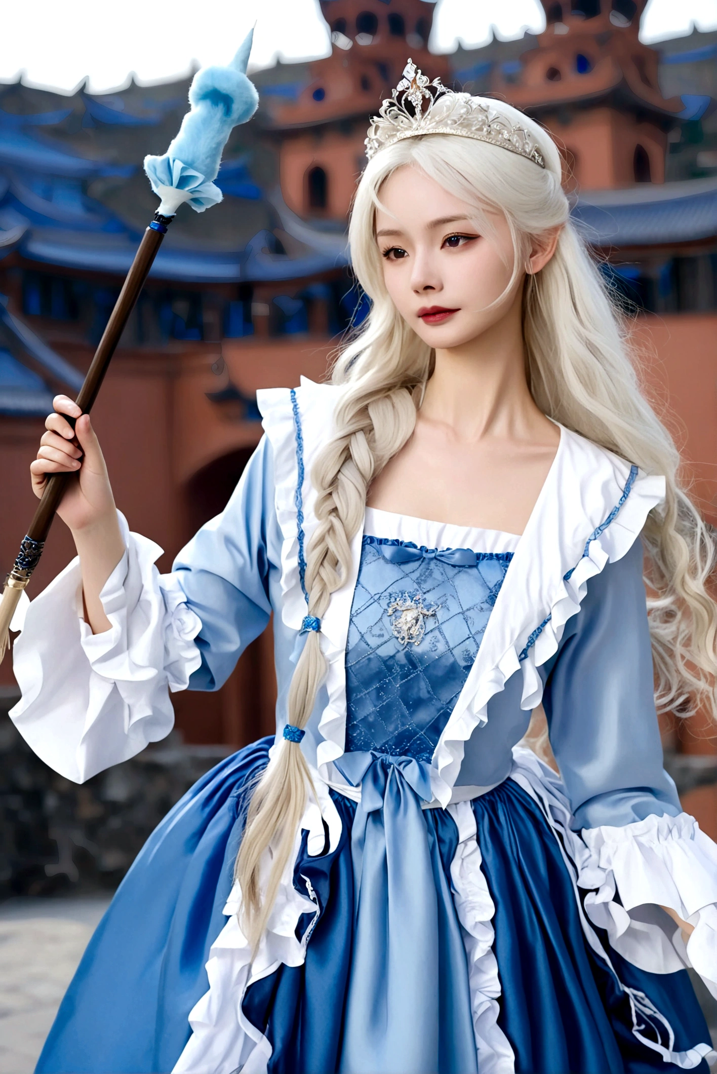 SeaArt AI- Wenshengtu Lab 1girl, long hair, blonde hair, dress, holding, white hair, outdoors, frills, solo focus, blurry, blue dress, tiara, realistic, wand, holding wand