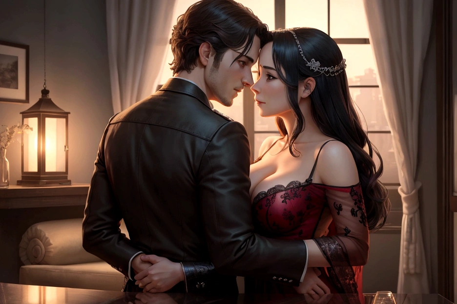 “A detailed digital illustration depicting a scene of infidelity. In the foreground, a woman is standing with a shocked expression, having just discovered her partner’s betrayal. Behind her, a man is intimately close with another woman, who is smiling seductively. The setting is a cozy, dimly-lit living room, with a window showing a night sky outside. The emotions of betrayal, guilt, and seduction are clearly visible on the characters’ faces.”