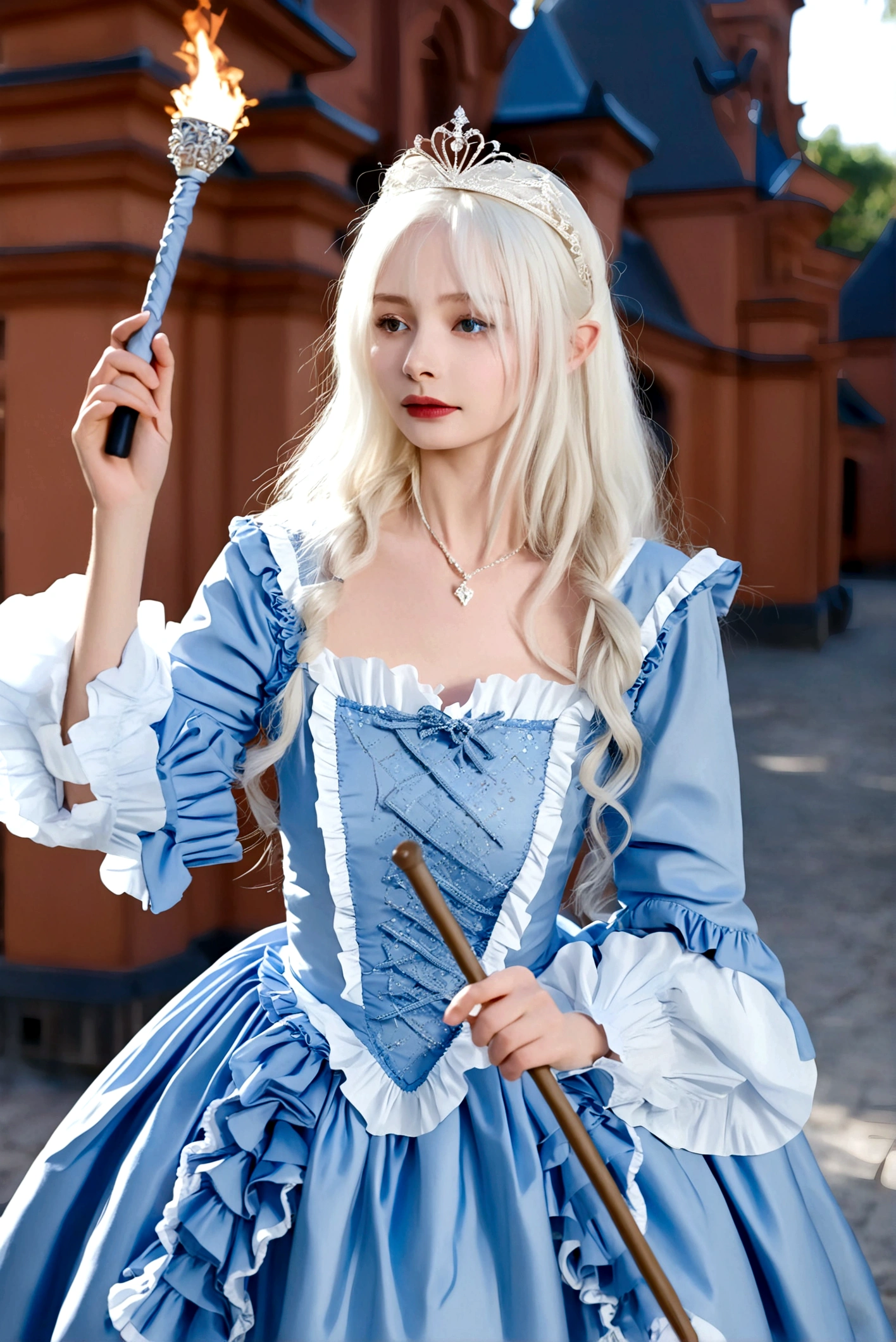 1girl, long hair, blonde hair, dress, holding, white hair, outdoors, frills, solo focus, blurry, blue dress, tiara, realistic, wand, holding wand