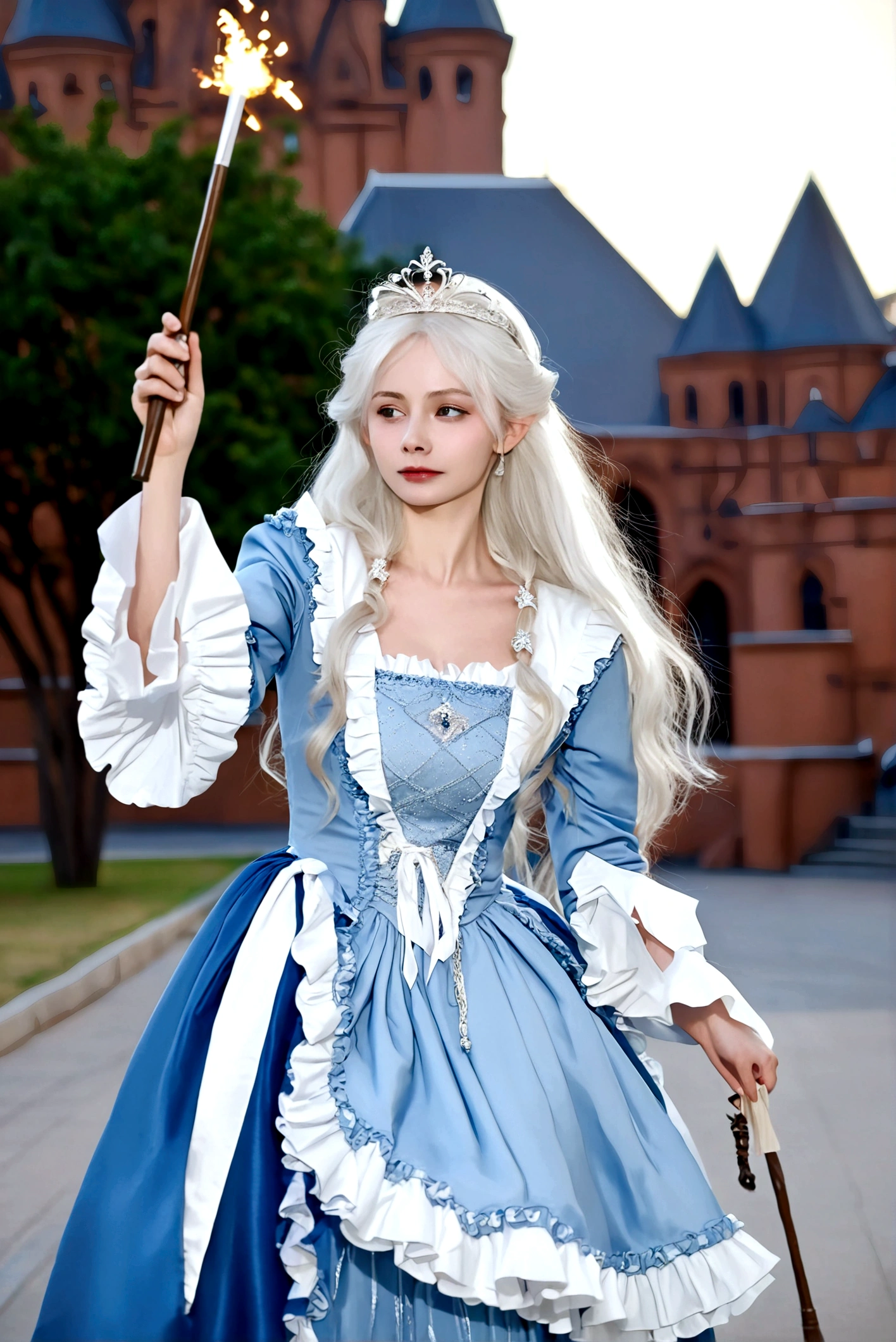 1girl, long hair, blonde hair, dress, holding, white hair, outdoors, frills, solo focus, blurry, blue dress, tiara, realistic, wand, holding wand