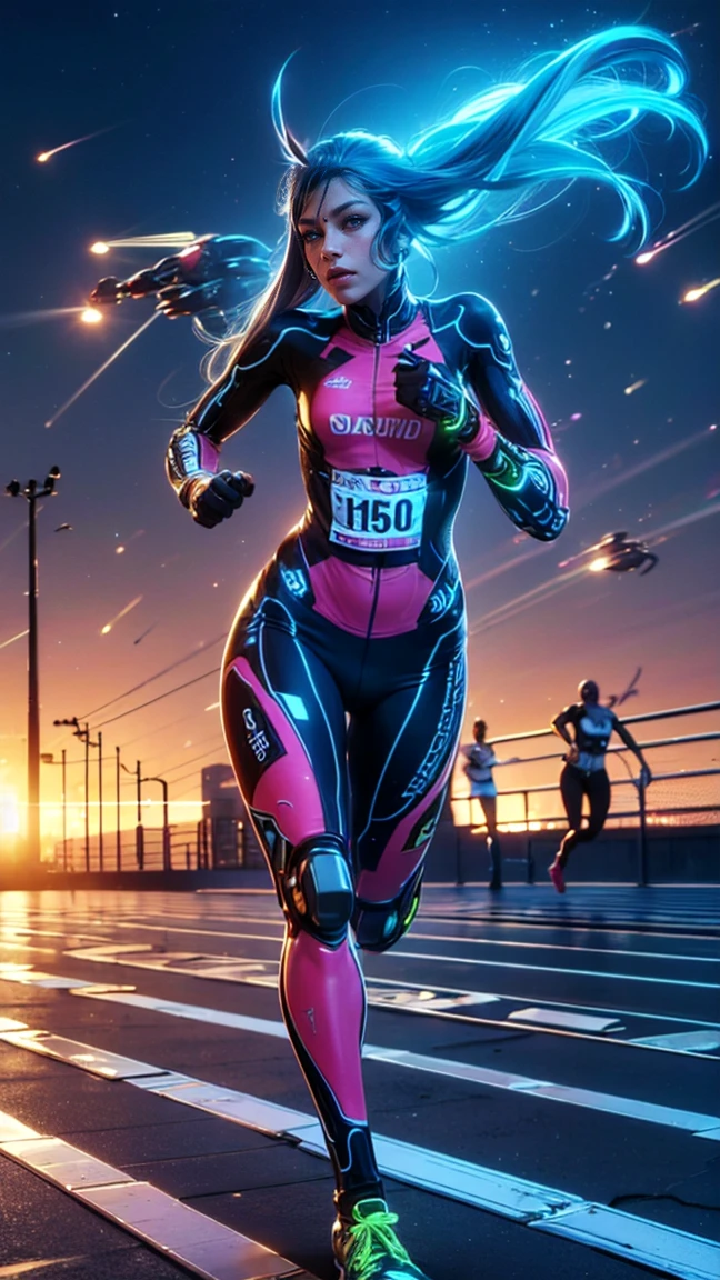 top quality, future world, State-of-the-art robot, Beautiful Woman, flying hair, Transformed into a cyborg except for the face, sexy images, whole body photo, ((Athlete, running, race))