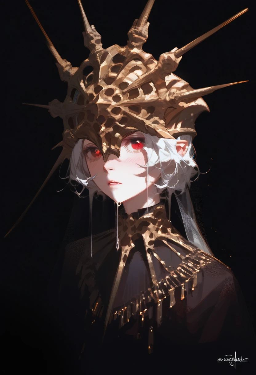 Glassy, empty red eyes, dripping gold, demon
