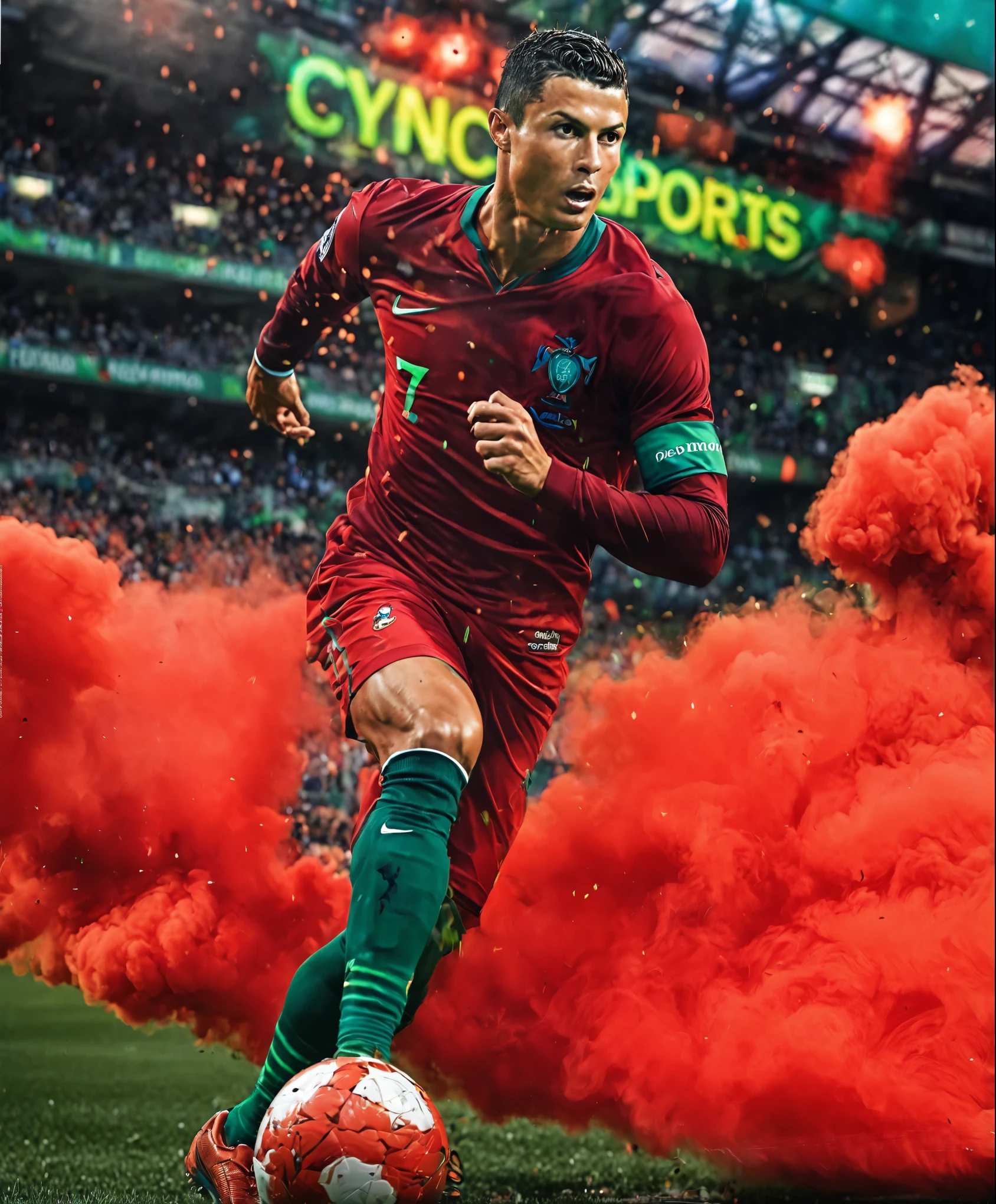 Cristiano Ronaldo in action, with a vibrant, electric effect on his legs and green smoke. The dynamic posture and electric effects make this image great for emphasizing Ronaldo's energy and ongoing impact.