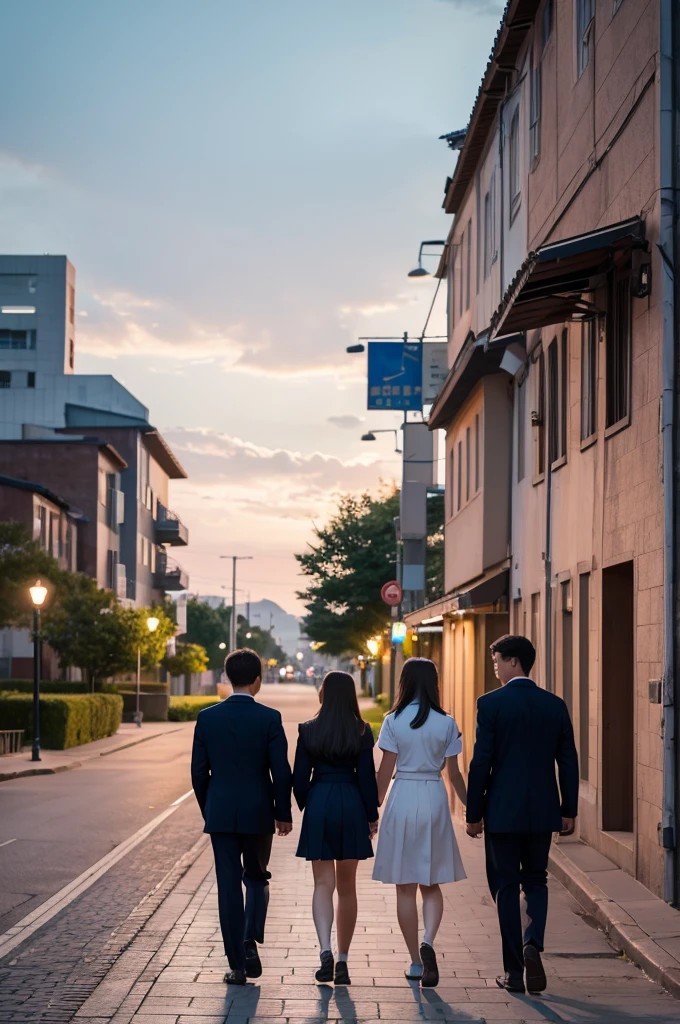 High school students in uniform　Two men and women walking　The man is walking beside the woman, carrying his bicycle.　Walking down the street in the evening