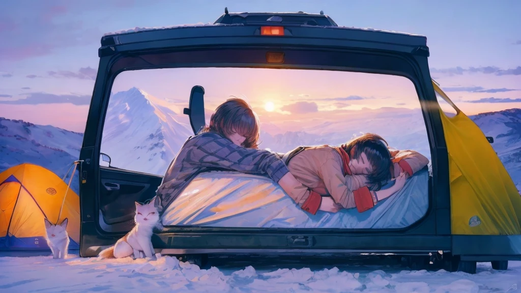 The lazy cat sleeps on the bed of the camping car in the snowy mountains.