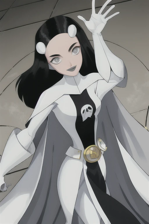 
Phantom girl, Tinya Wazzo, solo, girl1, long black hair, white bodysuit, grey eyes, grey lips, belt, white cape, gloves, cloak, smile, best quality, masterpiece 