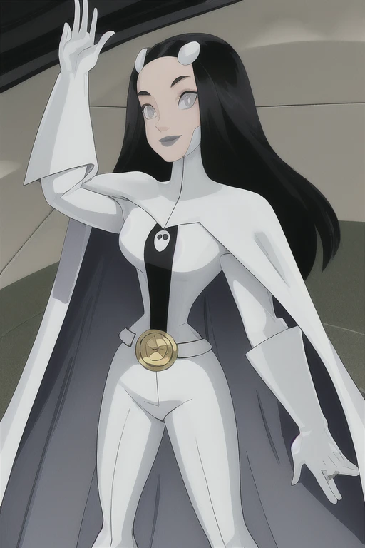 Phantom girl, Tinya Wazzo, solo, girl1, long black hair, white bodysuit, grey eyes, grey lips, belt, white cape, gloves, cloak, smile, best quality, masterpiece