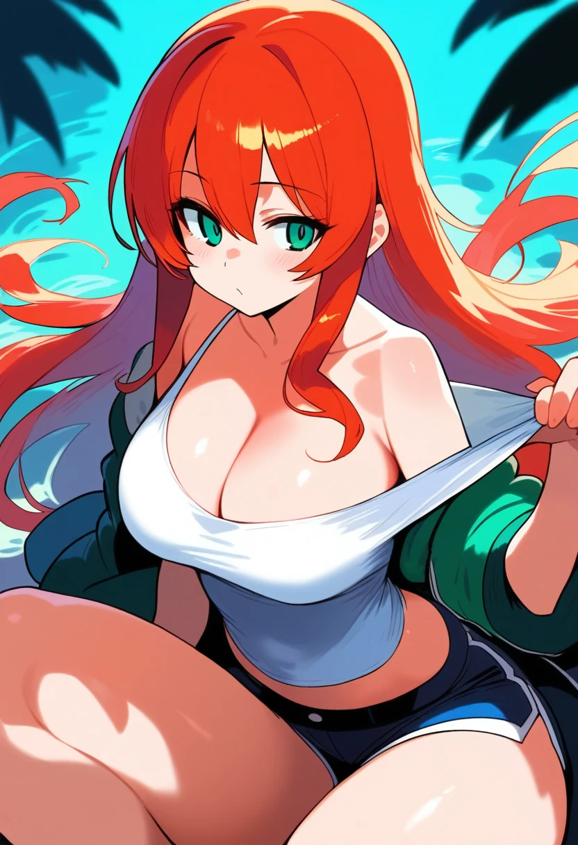 1girl, ultra high res, long hair, shorts, large chest, cleavage