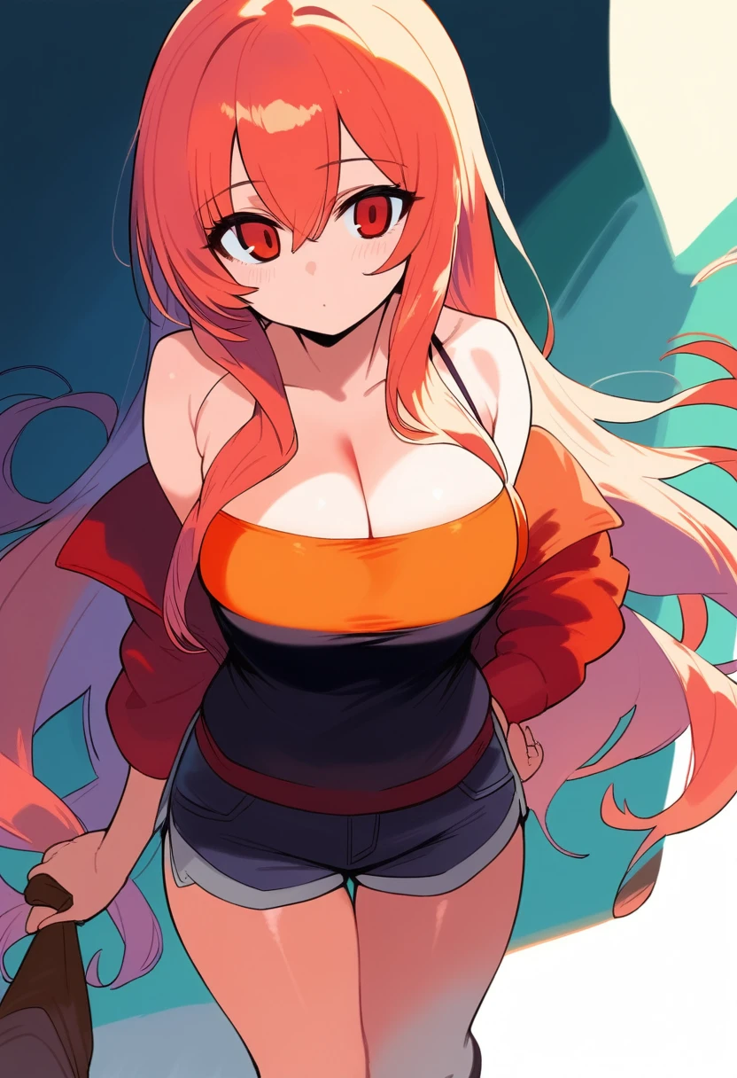 1girl, ultra high res, long hair, shorts, large chest, cleavage
