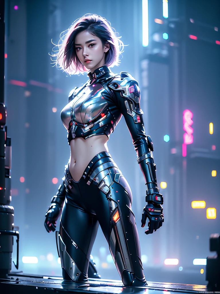 realistic photo, raw photo thin waist, full body, crop top navel, no bra, small breasts, small ass, skinny thighs, platinum hair, short hair, detailed face, detailed eyes. In the neon-lit night city, standing on the rooftop of a high-rise building, around 18 years old, Rendered in a realistic cyberpunk style, she was wearing a power suit rich with mechanical details. The power suit was designed with advanced technology, featuring intricate mechanical parts on her arms and legs, and a glowing emblem on her chest. Her pose was active and ready for combat, one hand thrust forward, and the other hand clenched into a fist. Her expression was filled with determination, and her eyes, staring straight ahead, radiated a strong sense of resolve. In the distant sky, drones were flying, and the entire city was bathed in a futuristic glow. The perspective was slightly elevated, looking down on her, emphasizing her strength and determination.