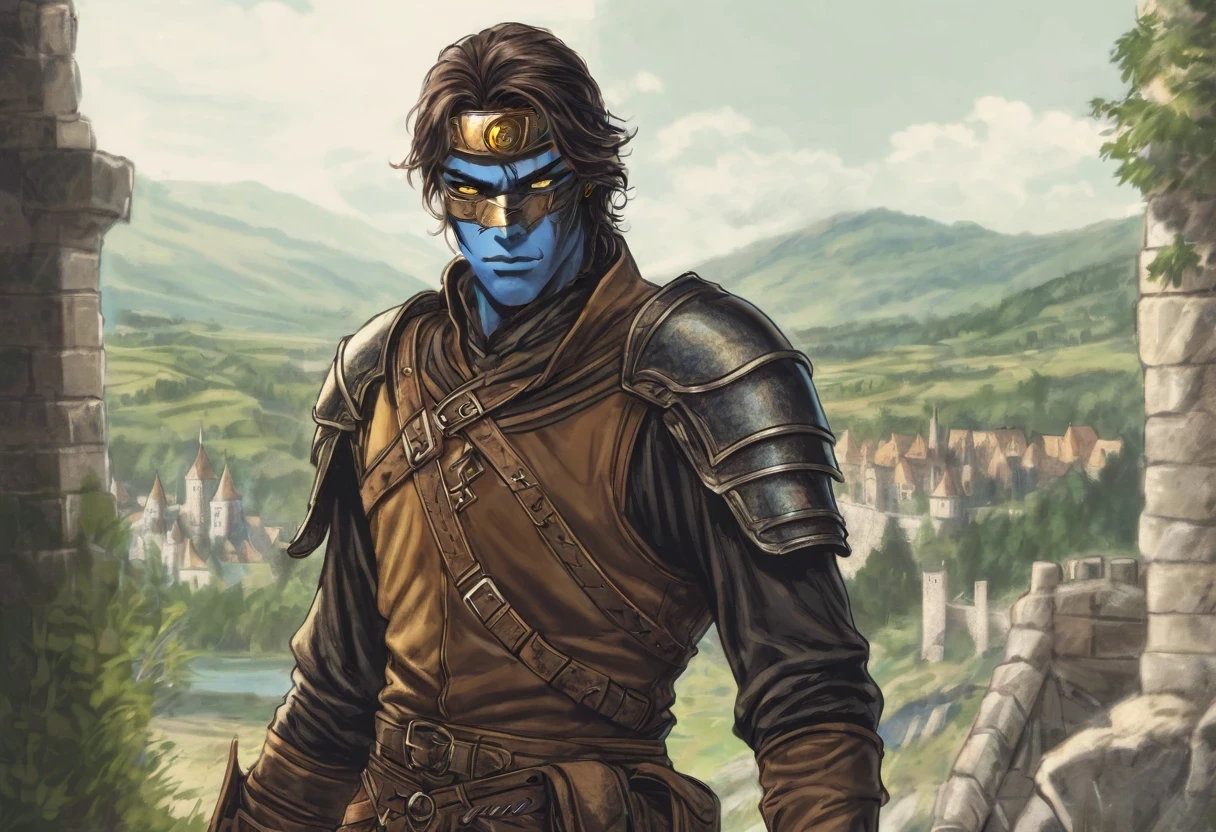 golden eye color, blue skin color