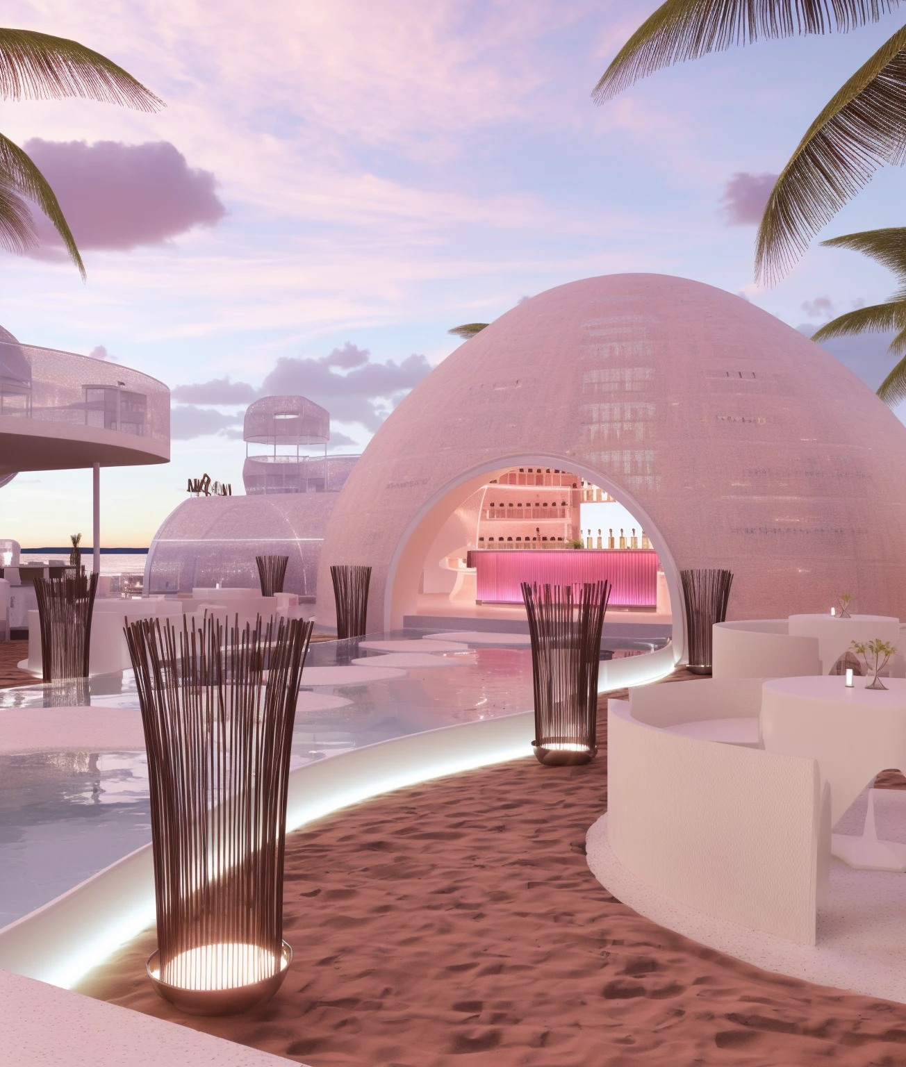 （masterpiece, best quality, high quality, Extremely detailed CG Unity 8K wallpaper, Realistic photos, Depth of Field）, There is a white building，There is a swimming pool and a bar in the middle, beach bar, Ibiza dance inspiration, futuristic marrakech, In a futuristic desert palace, seashell house, Futuristic Dome, a Digital Renderinging, In the seaside environment, futuristic marrakech morocco, Detailed scenario, V-Ray, V-Ray, Digital Renderinging, Digital Rendering, Futuristic Background