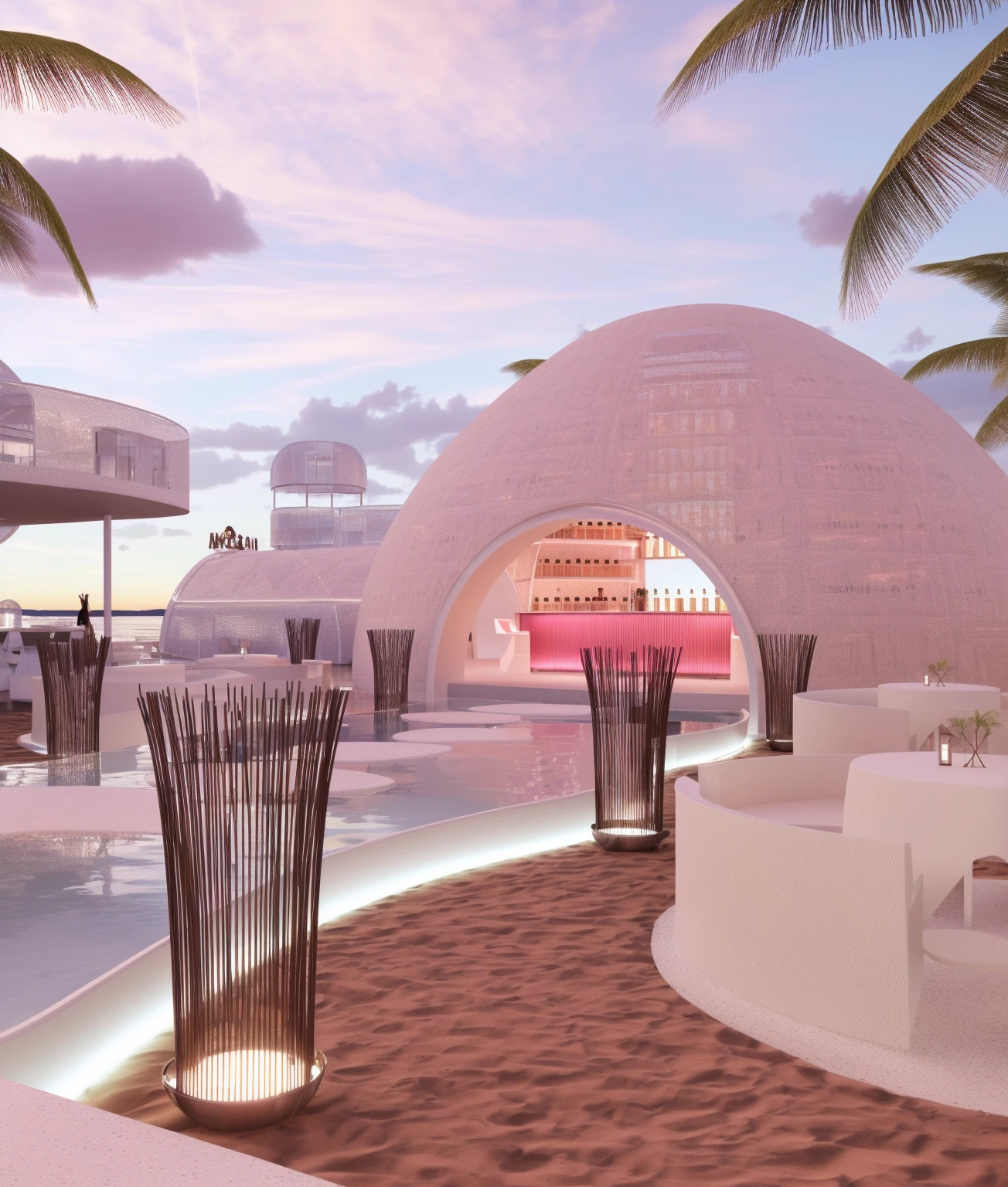 （masterpiece, best quality, high quality, Extremely detailed CG Unity 8K wallpaper, Realistic photos, Depth of Field）, There is a white building，There is a swimming pool and a bar in the middle, beach bar, Ibiza dance inspiration, futuristic marrakech, In a futuristic desert palace, seashell house, Futuristic Dome, a Digital Renderinging, In the seaside environment, futuristic marrakech morocco, Detailed scenario, V-Ray, V-Ray, Digital Renderinging, Digital Rendering, Futuristic Background