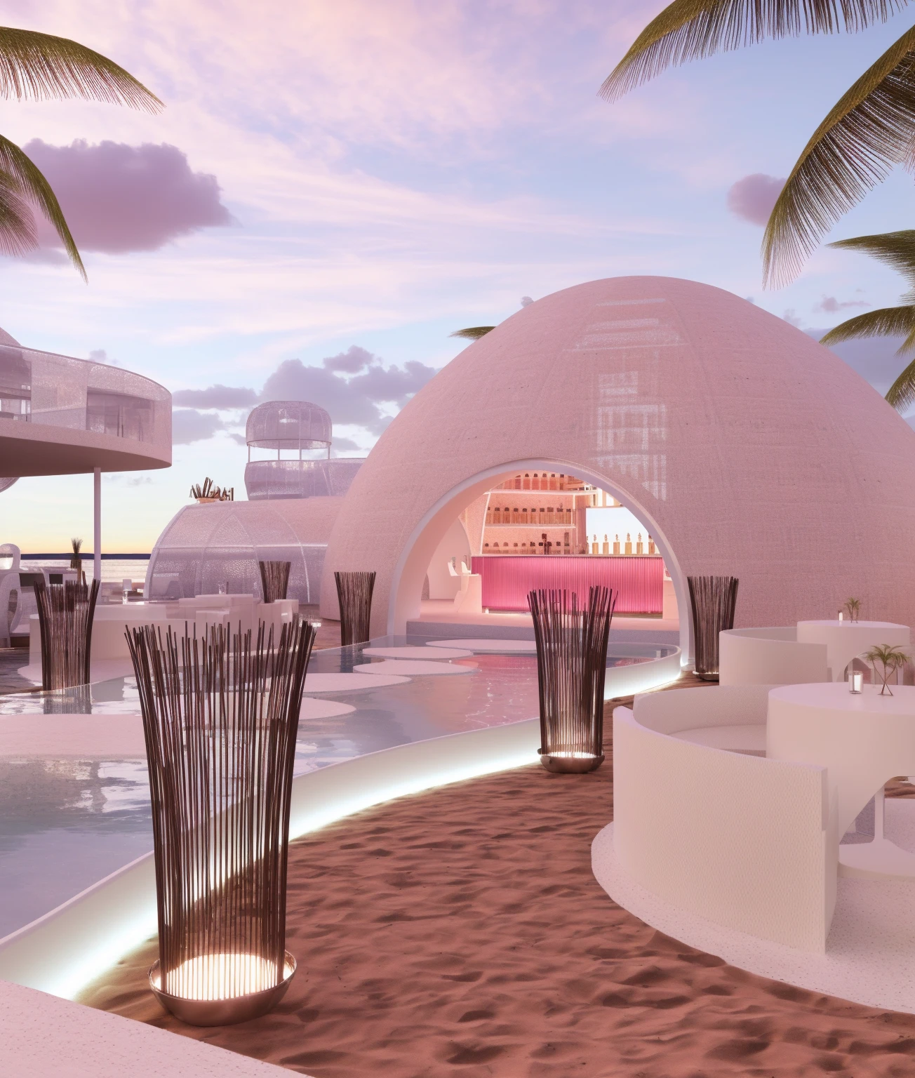 （masterpiece, best quality, high quality, Extremely detailed CG Unity 8K wallpaper, Realistic photos, Depth of Field）, There is a white building，There is a swimming pool and a bar in the middle, beach bar, Ibiza dance inspiration, futuristic marrakech, In a futuristic desert palace, seashell house, Futuristic Dome, a Digital Renderinging, In the seaside environment, futuristic marrakech morocco, Detailed scenario, V-Ray, V-Ray, Digital Renderinging, Digital Rendering, Futuristic Background