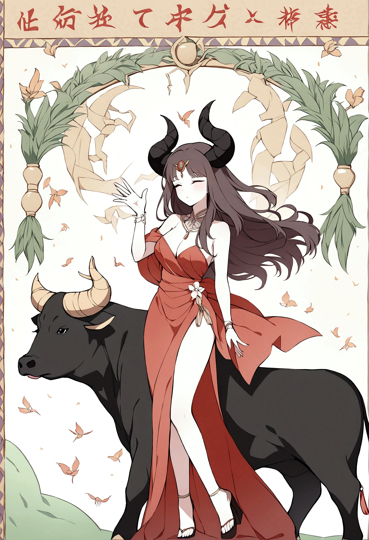 Please create an image where a Scorpio woman is dedicating a song to a Taurus man. The Scorpio woman should look passionate and mysterious. The Taurus man should look calm and somewhat distant, appreciating the gesture but not showing much interest. Use symbols for Scorpio (the scorpion) and Taurus (the bull). Do not put horns on the Scorpio woman.