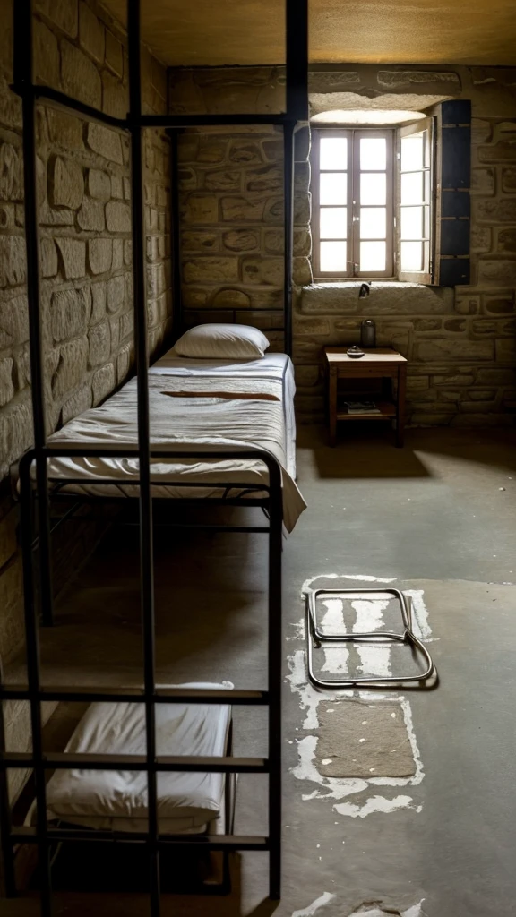 show, prison, Middle Ages, Bed, dirt, Bed, Stone walls, no people, shackles, hang on the wall.