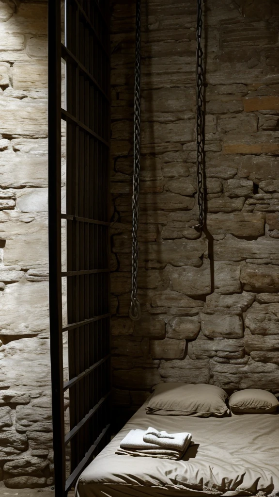 show, prison, Middle Ages, Bed, dirt, Bed, Stone walls, no people, shackles, hang on the wall.