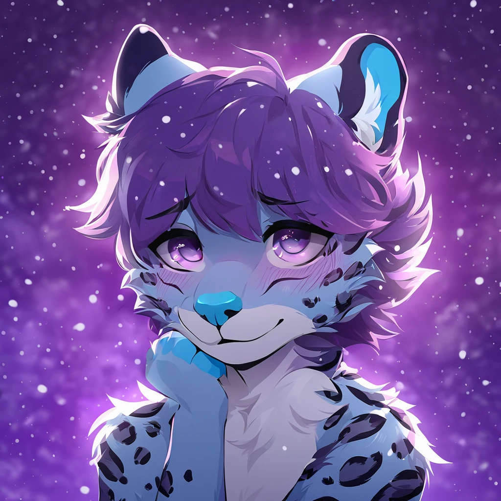 adult, feline, mammal, anthro, anthropomorphic, snow, leopard, striped_feline, fur, furred_anthro, fluffy_tail, femboy, male, bangs, ear_tufts, blue_nose, blue_fingers, hair_tuft, hair_between_eyes, long_tail, fluffy, feline_ears, expressive_eyes, purple_hair, purple_galaxy, purple_galaxy_background, light, looking_at_viewe, blue_fur, shy, small_pupils, spotted_pattern, stripes, tail, tiger_stripes, digital_art, high_resolution, high_res, head_visible, neck_visible, profile_picture, seductive_face,