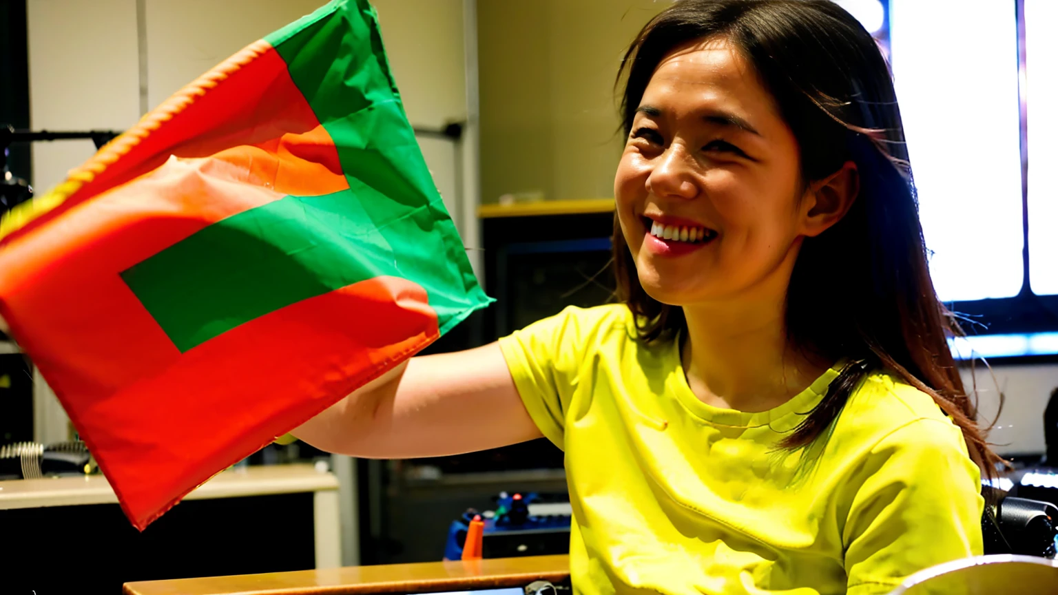 mouth, One girl, alone, In the recording studio, Singing with a microphone,smile, Vietnam flags
