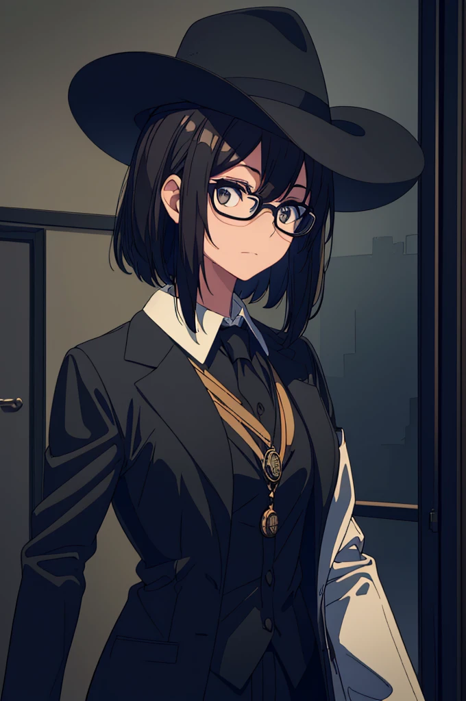 a man, black short hair, gray eyes, glasses, black fedora hat, black suit, black pants, pocket watch, strong, (best quality,4k,8k,highres,masterpiece:1.2),ultra-detailed,(realistic,photorealistic,photo-realistic:1.37),cinematic lighting,dramatic lighting,chiaroscuro lighting,moody lighting,dramatic shadows,cinematic composition,cinematic camera angle,cinematic framing,dark and moody,dark and gritty,dark and dramatic,high contrast,rich colors,vibrant colors,muted colors,monochromatic,cinematic color grading
