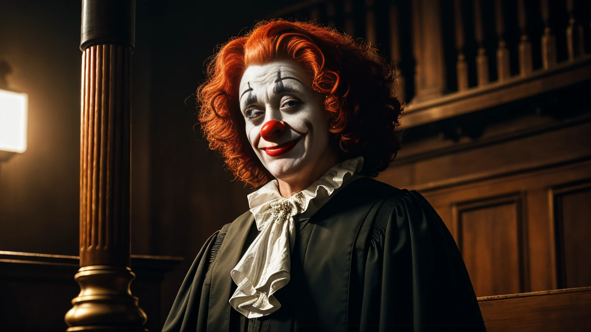 a realistic judge with a clown head in a courtroom with a gavel, highly detailed, 4k, photorealistic, cinematic lighting, dramatic shadows, vivid colors, dramatic composition, chiaroscuro lighting, tenebrism, oil painting, impasto texture, dynamic pose, expressive facial features, intricate details, hyperrealistic