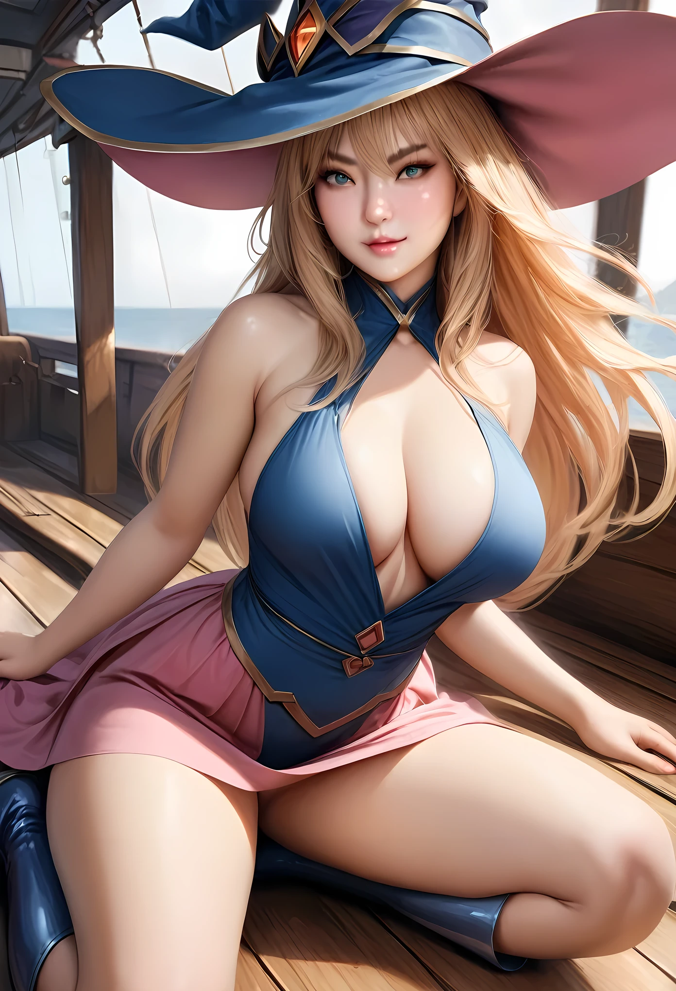 animetoreal,soft light, masterpiece, best quality, realistic,photorealistic,1girl,,dark_magician_girl, yu-gi-oh!, 1girl, bare_shoulders, blonde_hair, green_eyes, large_breasts, long_hair, witch_hat， off_shoulder, blue_dress, capelet, blue_footwear, blue_hat, boots, pink_capelet, pink_skirt, skirt, ,on a ship,naughty face,floating_hair