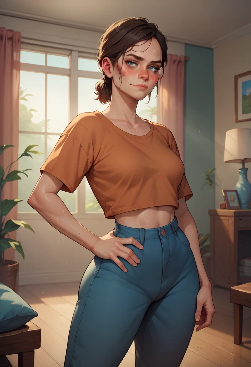in a living room, one hand on hip, seductive smirk, medium breasts, wide hips, big ass, Ellie,standing, blushing,sweating, being groped by old man
