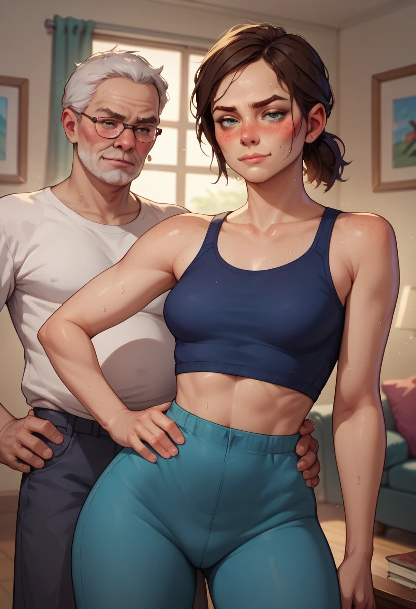 in a living room, one hand on hip, seductive smirk, medium breasts, wide hips, big ass, Ellie,standing, blushing,sweating, being groped by old man