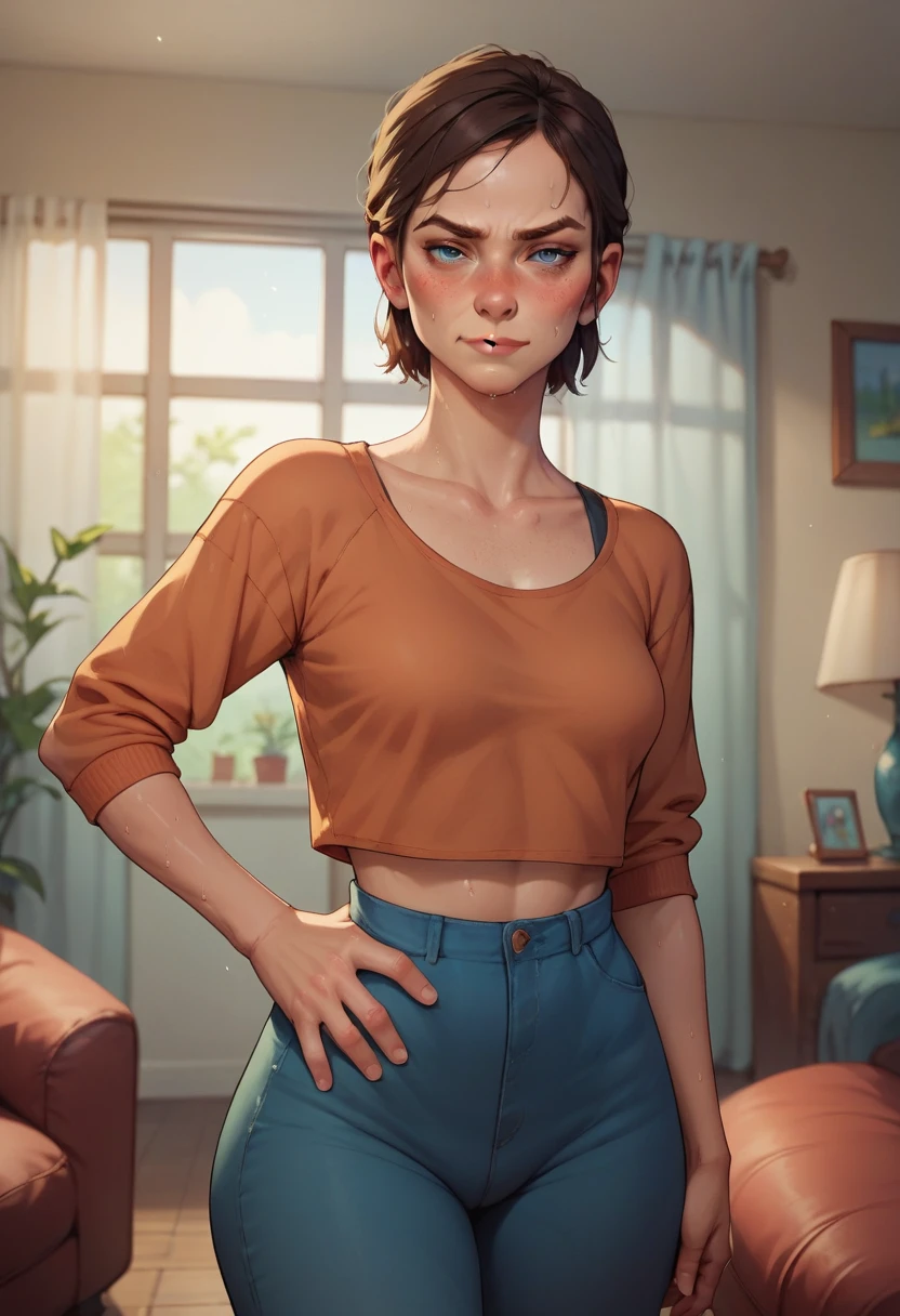 in a living room, one hand on hip, seductive smirk, medium breasts, wide hips, big ass, Ellie,standing, blushing,sweating, being groped by old man