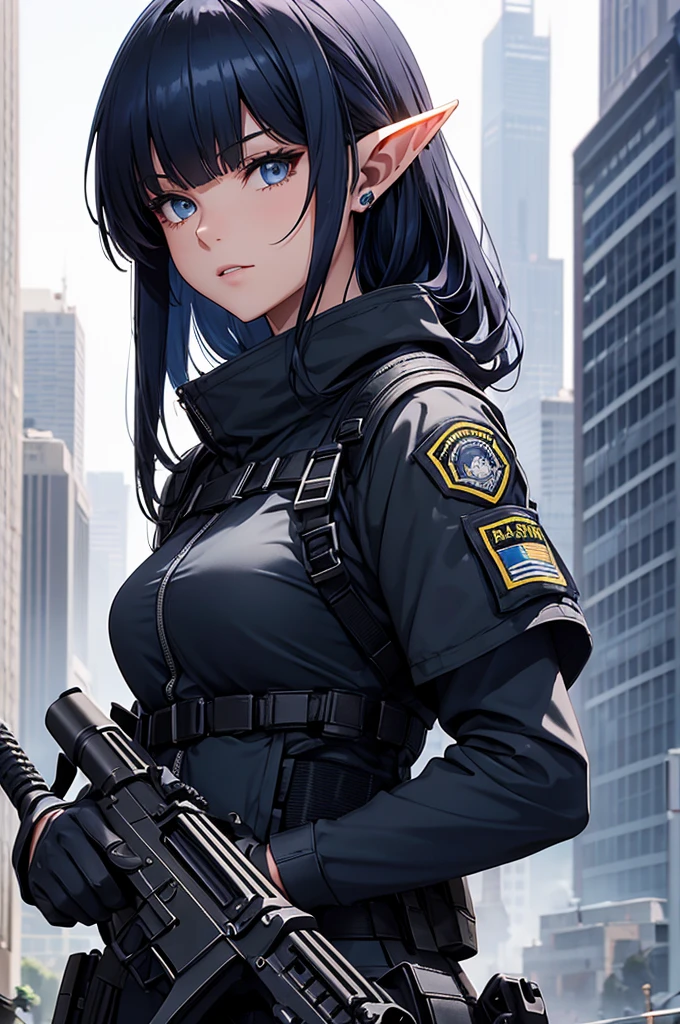 Create an image of an elf girl with dark navy-blue hair and straight-cut bangs. She is a member of a special forces police unit. She has long, horizontally extended elf ears, with the right ear cut off and adorned with a large red earring in the cut ear. She has a rifle. The background should feature a city inside a dome, with a black armored vehicle beside her.