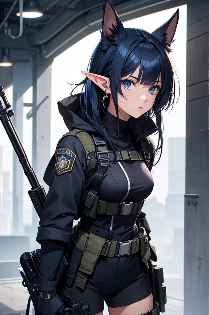 Create an image of an elf girl with dark navy-blue hair and straight-cut bangs. She is a member of a special forces police unit. She has long, horizontally extended elf ears, with the right ear cut off and adorned with a large red earring in the cut ear. She has a rifle. The background should feature a city inside a dome, with a black armored vehicle beside her.