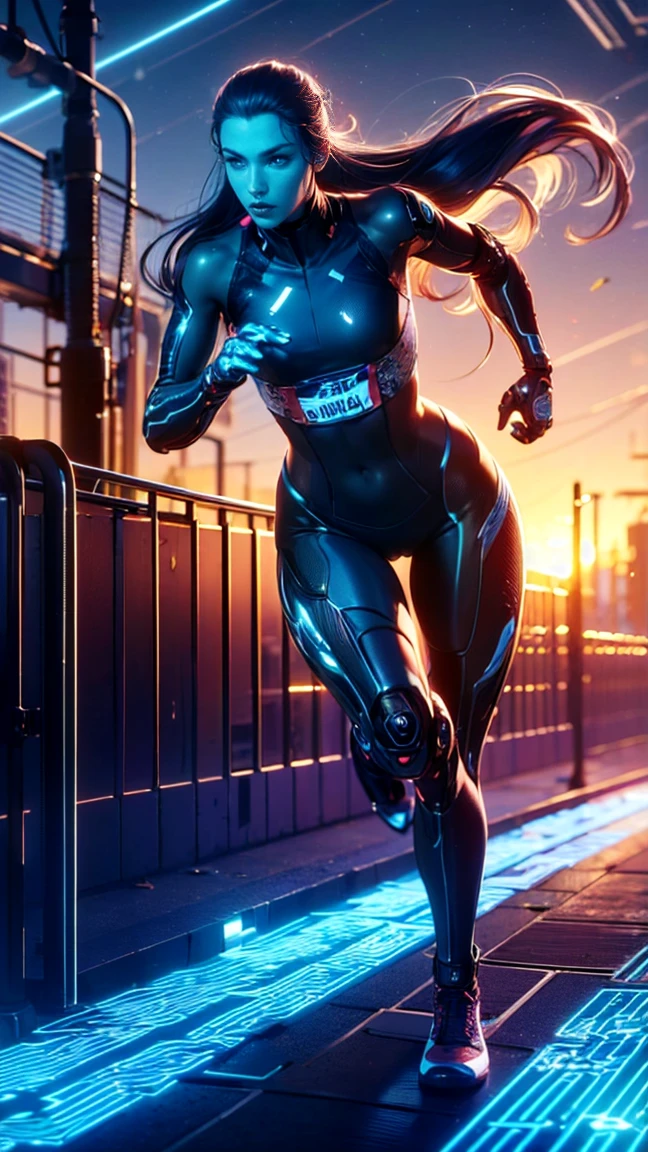top quality, future world, State-of-the-art robot, Beautiful Woman, flying hair, Transformed into a cyborg except for the face, sexy images, whole body photo, ((Athlete, Weightlifting))