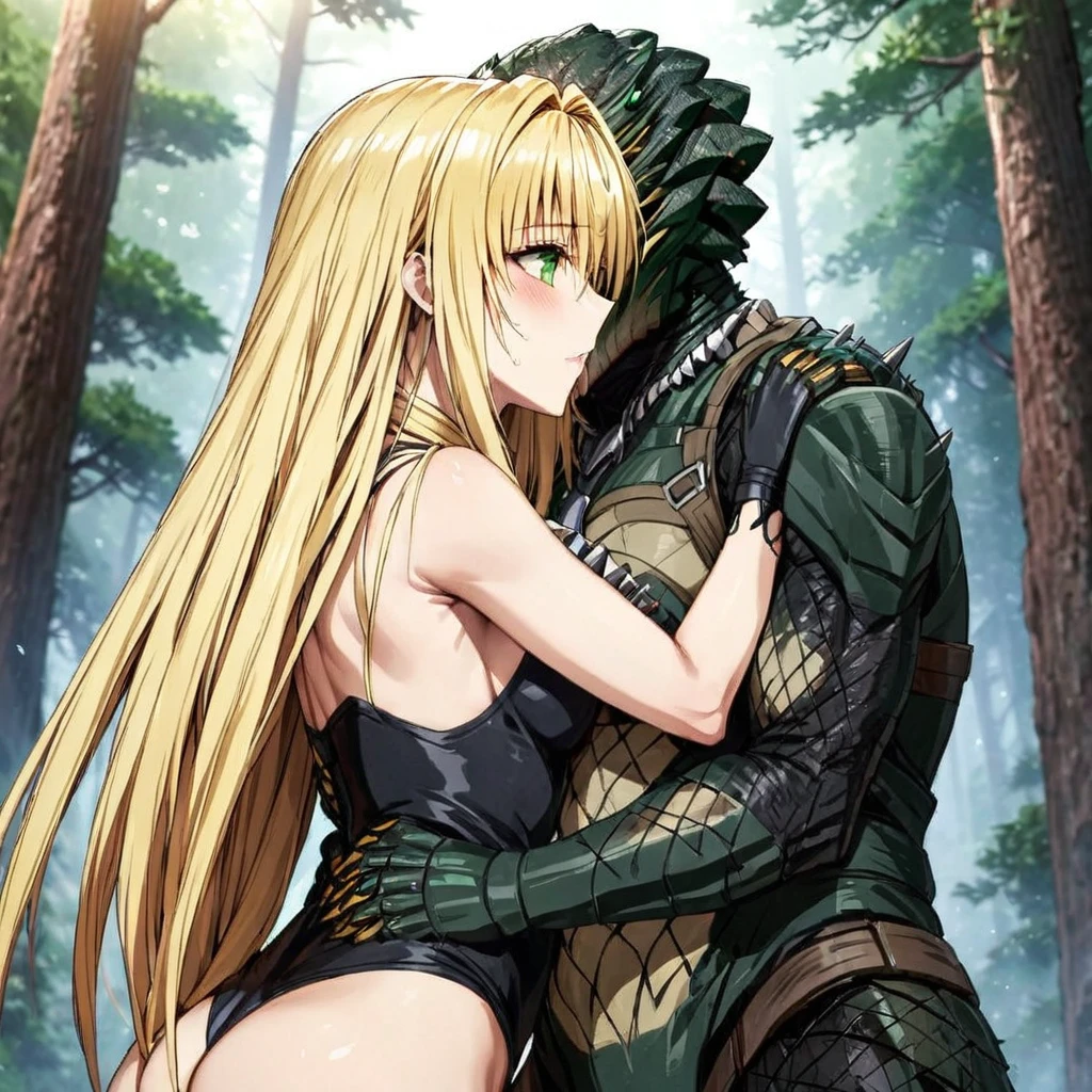 ((Highest quality)), ((masterpiece)), (detailed), （Perfect Face）、The woman is a predator named Tiare, with green eyes, blonde medium-long hair, wearing a predator suit, and is hugging and kissing a male predator in the forest.