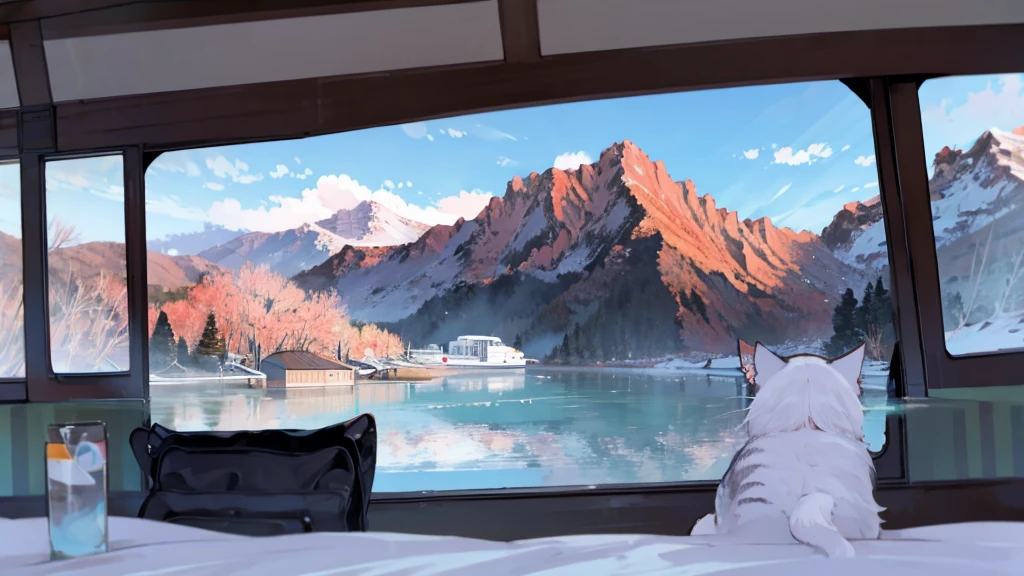 Lazy cat sleeping on the bed of a camper on the snowy mountains。