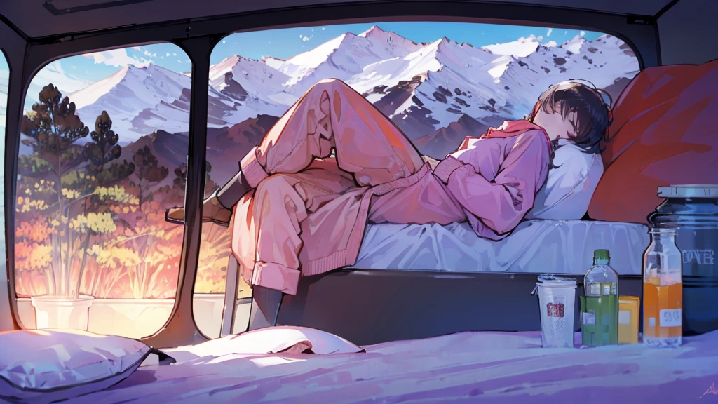 Lazy cat sleeping on the bed of a camper on the snowy mountains。
