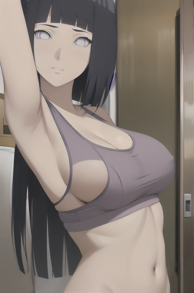masterpiece, absurdres , (intricate details), (colorful),cinematic lighting,bust shot,extremely detailed CG unity 8k wallpaper ,hinata\(boruto\), 1girl, solo,mature female, arm up, looking at viewer, sports bra, locker room,cowboy shot, nua