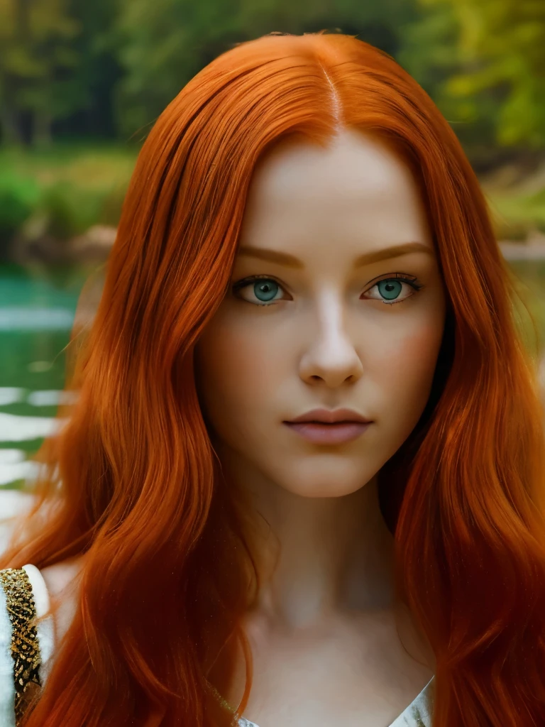 a beautiful redheaded woman with long flowing red hair standing in front of a serene lake, ethereal beauty, gorgeous redhead goddess, stunning red haired young woman, flowing ginger hair, piercing green eyes, detailed facial features, porcelain skin, elegant pose, natural lighting, photorealistic quality, vibrant colors, dramatic lighting, cinematic composition, fantasy art style